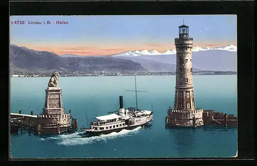 AK Lindau i. B., Der Hafen im Abendrot, Leuchtturm, Dampfer
