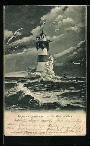 AK Rothesand-Leuchtturm vor der Wesermündung bei steifer Brise