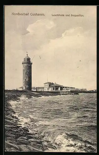 AK Cuxhaven, Leuchtturm und Seepavillon