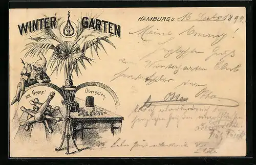 Lithographie Hamburg-Neustadt, Wintergarten mit Würfelspiel