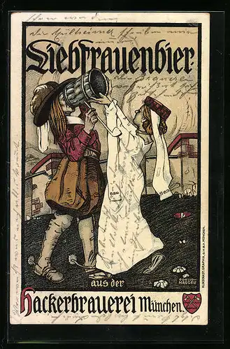 Künstler-AK München, Reklame der Hackerbrauerei für Liebfrauenbier