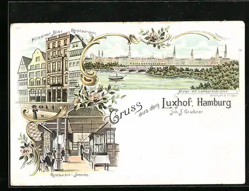 Lithographie Hamburg, Restaurant Luxhof von F. Griebner, Pferdemarkt