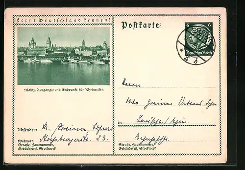 AK Mainz, Flusspartie mit Schiffen mit Blick in die Stadt, Ganzsache Lernt Deutschland kennen