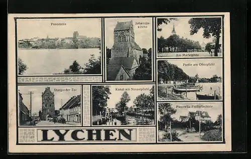AK Lychen, Panoramaansicht mit Johanniskirche und Partie am Oberpfuhl