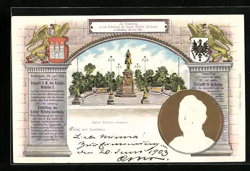 Präge-AK Hamburg, Kaiser Wilhelm-Denkmal mit Portrait und Wappen