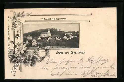 AK Tegernbach, Ortsansicht mit Blumen-Dekor