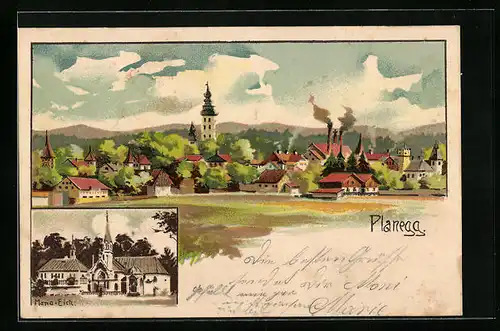 Künstler-AK Planegg, Ortsansicht mit Kirche