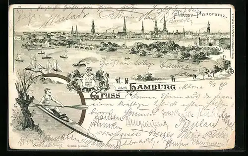 Lithographie Hamburg, Totalansicht mit Ruderer