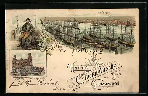 Lithographie Hamburg, Totalansicht mit Hafenpartie