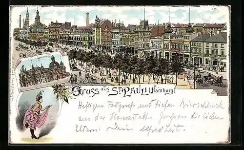 Lithographie Hamburg-St. Pauli, Ortsansicht mit Concerthaus