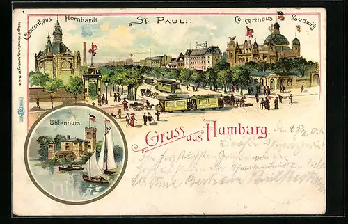 Lithographie Hamburg, Ortsansicht mit St. Pauli und Uhlenhorst