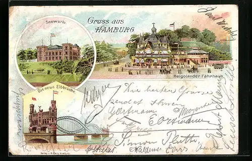 Lithographie Hamburg-St.Pauli, Seewarte, Helgoländer Fährhaus