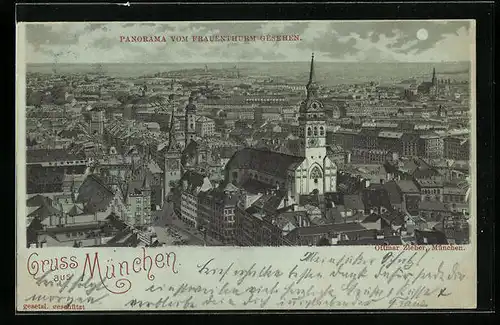 Mondschein-AK München, Panorama vom Frauenthurm gesehen