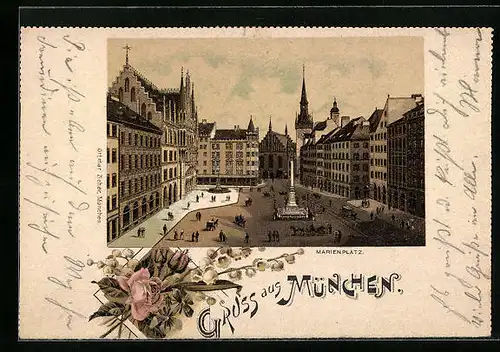 Lithographie München, Marienplatz aus der Vogelschau