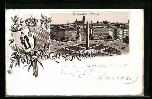 Lithographie München, Karolinenplatz mit Obelisk