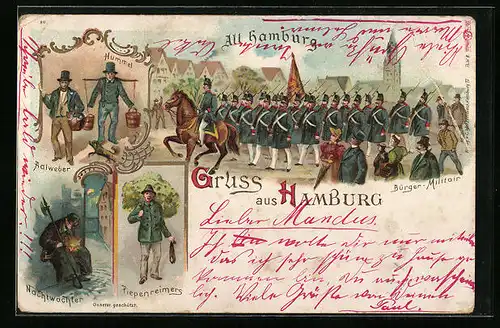 Lithographie Hamburg, Bürger-Militair mit Hummel und Aalweber