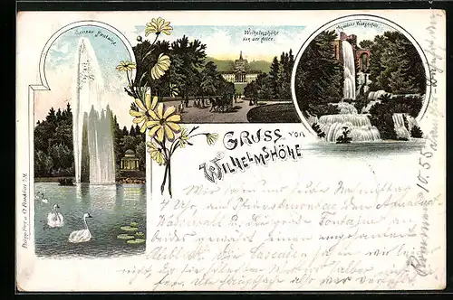 Lithographie Kassel, Wilhelmshöhe mit grosser Fontäne