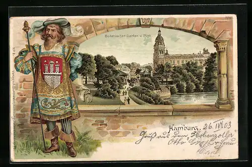 Lithographie Hamburg-St.Pauli, Botanischer Garten und Post, Zeremonienmeister mit Stadtwappen