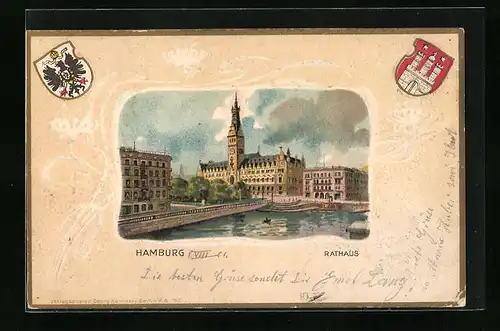 Passepartout-Lithographie Hamburg, Blick auf das Rathaus, Ornamente, Wappen