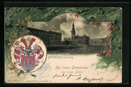 Passepartout-Lithographie Hamburg, Rathaus, Wappen - Neujahrsgruss