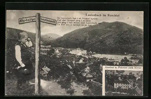 AK Lautenbach /Renchtal, Gasthof und Pension zum Kreuz, Ortsansicht, Kind mit verlorenem Strumpf