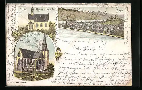 Lithographie Bingen, Teilansicht mit Burg, Alte und neue Rochus-Kapelle