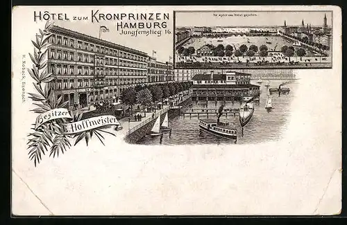 Lithographie Hamburg-Neustadt, Hotel zum Kronprinzen am Jungfernstieg, Alster vom Hotel gesehen