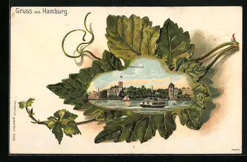 Passepartout-Lithographie Hamburg, Uhlenhorst mit Dampfer im Weinblatt-Passepartout