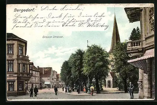 AK Hamburg-Bergedorf, Partie in der Grossen Strasse mit Blick auf Kirche