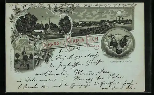 Mondschein-AK Planegg /Obb., Maria Eich - Gnadenbild und Kapelle, Mariensäule, Ortsansicht Planegg