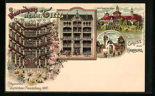 Lithographie Hamburg, Warenhaus Herm. Tietz, Millernthor, Gebäude der Gartenbau-Ausstellung 1897