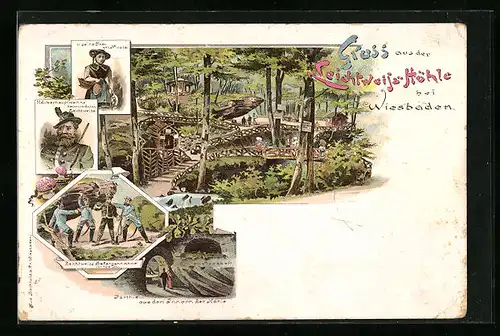 Lithographie Wiesbaden, Leichtweisshöhle, Partie aus dem Inneren der Höhle