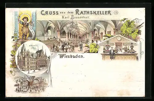 Lithographie Wiesbaden, Rathaus mit Restaurant Ratskeller von Karl Bausenhart