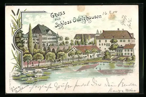 Lithographie Odelzhausen, Schwanenteich mit Blick zum gleichnamigen Schloss