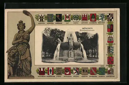 Passepartout-Lithographie München, Partie am Nornenbrunnen, Wappen