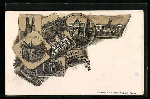 Lithographie München, Siegestor, Nationalmuseum, Kirche