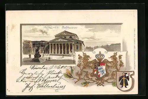 Passepartout-Lithographie München, Ortspartie am Hoftheater, Wappen