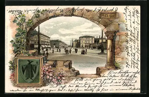 Passepartout-Lithographie München, Odeonsplatz und Ludwigstrasse, Wappen