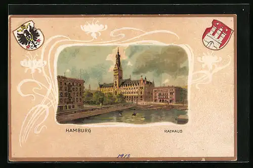 Passepartout-Lithographie Hamburg, Blick auf das Rathaus, Wappen