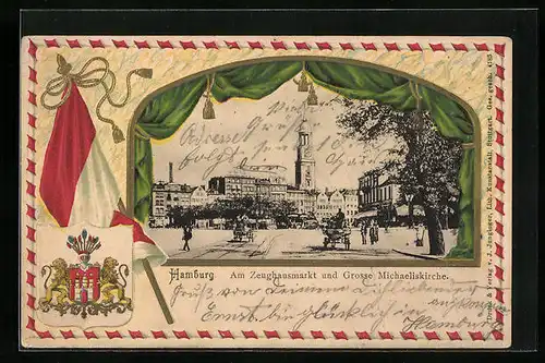 Passepartout-Lithographie Hamburg-Neustadt, Am Zeughausmarkt und grosse Michaeliskirche, Wappen
