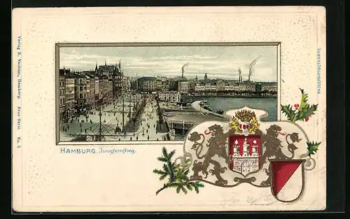 Passepartout-Lithographie Hamburg-Neustadt, Strassenpartie am Jungfernstieg, Wappen