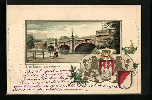 Passepartout-Lithographie Hamburg-Neustadt, Ortspartie an der Lombardsbrücke, Wappen