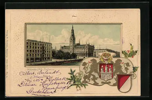 Passepartout-Lithographie Hamburg, Ortspartie am Rathaus, Wappen