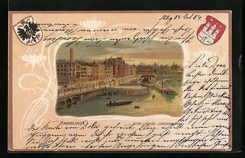 Passepartout-Lithographie Hamburg-Neustadt, Alter und neuer Jungfernstieg, Wappen
