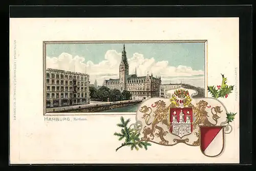Passepartout-Lithographie Hamburg, Blick auf das Rathaus, Wappen