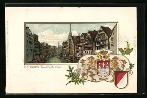 Passepartout-Lithographie Alt-Hamburg, Ortspartie am Deichstrasse-Fleet, Wappen