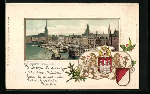 Passepartout-Lithographie Hamburg-Neustadt, Alsterpavillon aus der Vogelschau, Wappen