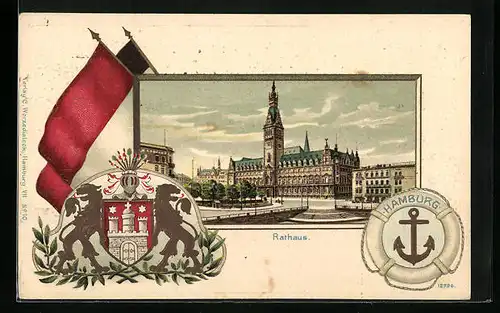 Passepartout-Lithographie Hamburg, Blick auf das Rathaus, Wappen
