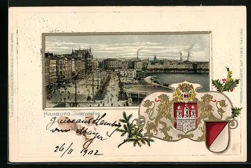 Passepartout-Lithographie Hamburg-Neustadt, Jungfernstieg aus der Vogelschau, Wappen