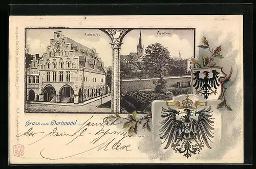 Passepartout-Lithographie Dortmund, Rathaus, Vehmlinde, Wappen